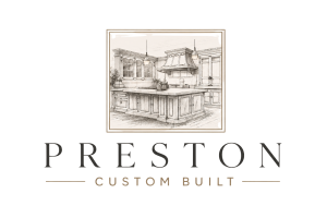 Preston Custom Built logo with sketched drawing of kitchen cabinets