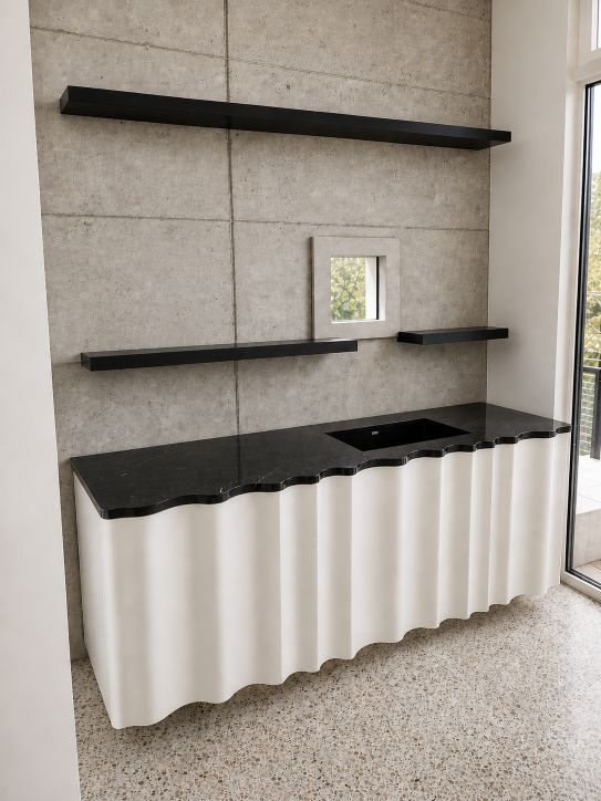 Black and white custom bar with floating shelves