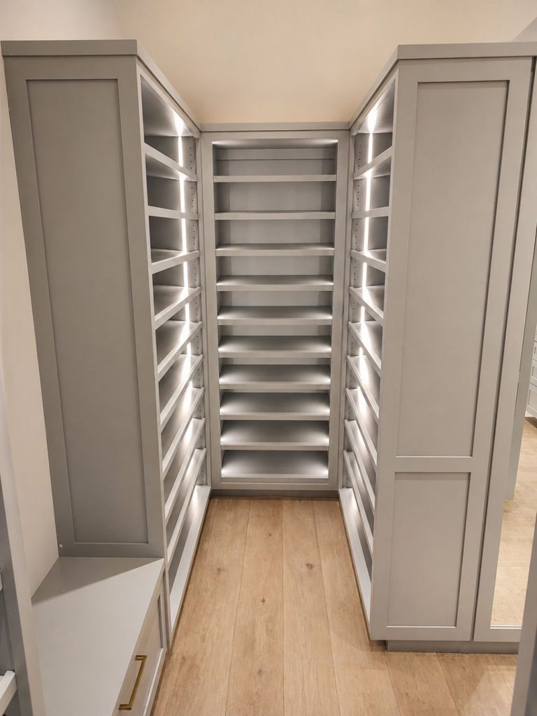 custom light grey luxury closet built in open shelves, floor to ceiling