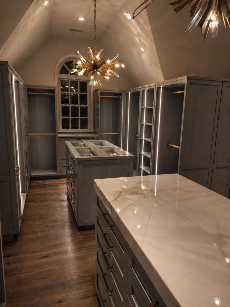 custom built in luxury closet open shelving and hanging rods with middle island cabinets with marble counter tops