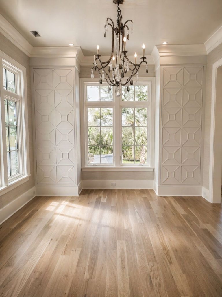 white custom decorative wall cabinets surrounding windows