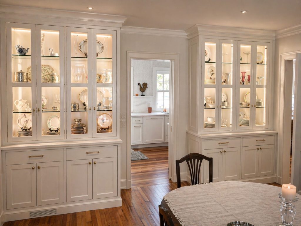 white built in cabinet hutches with glass doors and white paneled doors