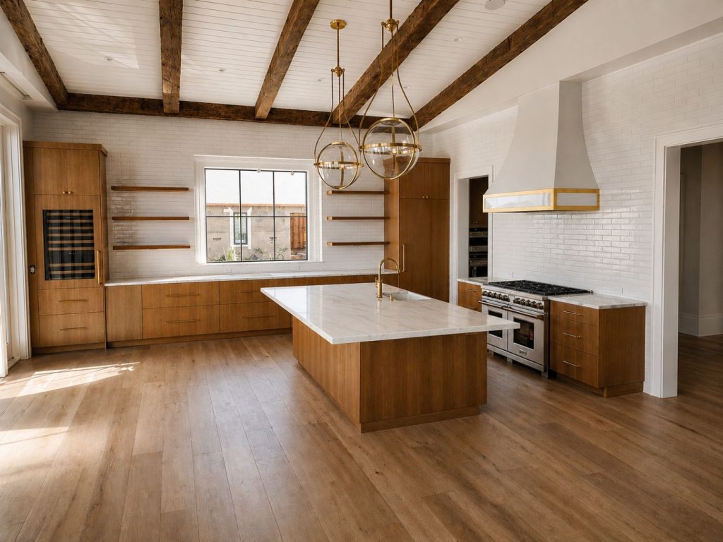 white marble counter over custom light wooden cabinetry with custom built wine cooler, floating shelves and island