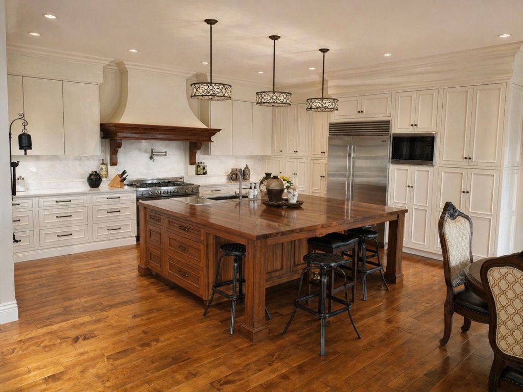 Custom white decorative kitchen cabinets and drawers with black hardware, large custom wooden island with custom pedestals and black chairs
