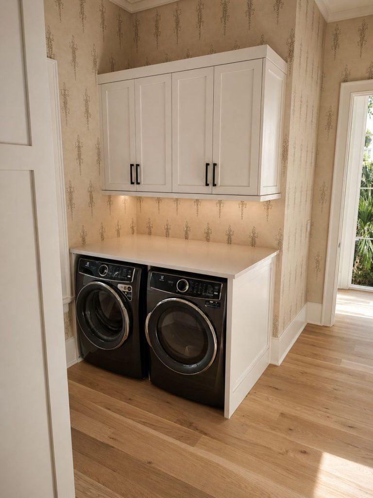 white built in washer and dryer cabinets with black hardware