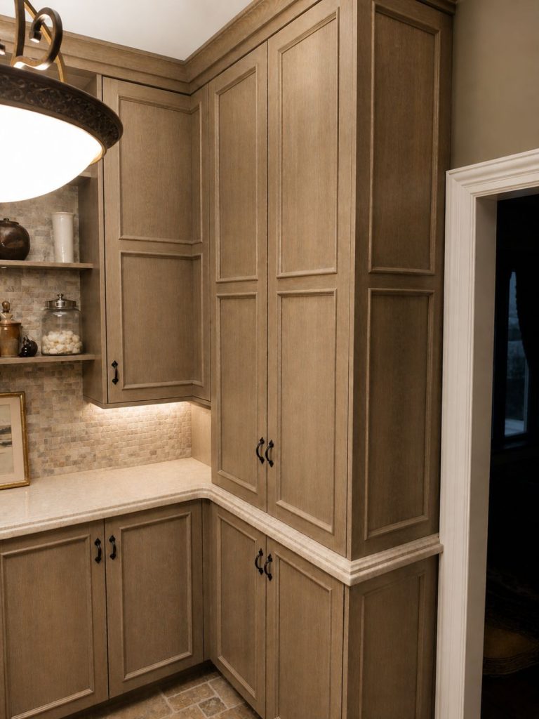 custom built brown ceiling to floor laundry room cabinets in brown with black hardware