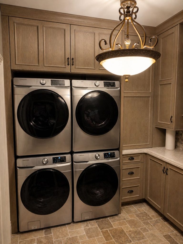 custom built brown surrounding cabinets for two stack able washers and dryers