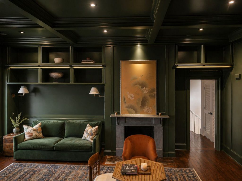 custom dark green open library shelves surrounding a slate fire mantle