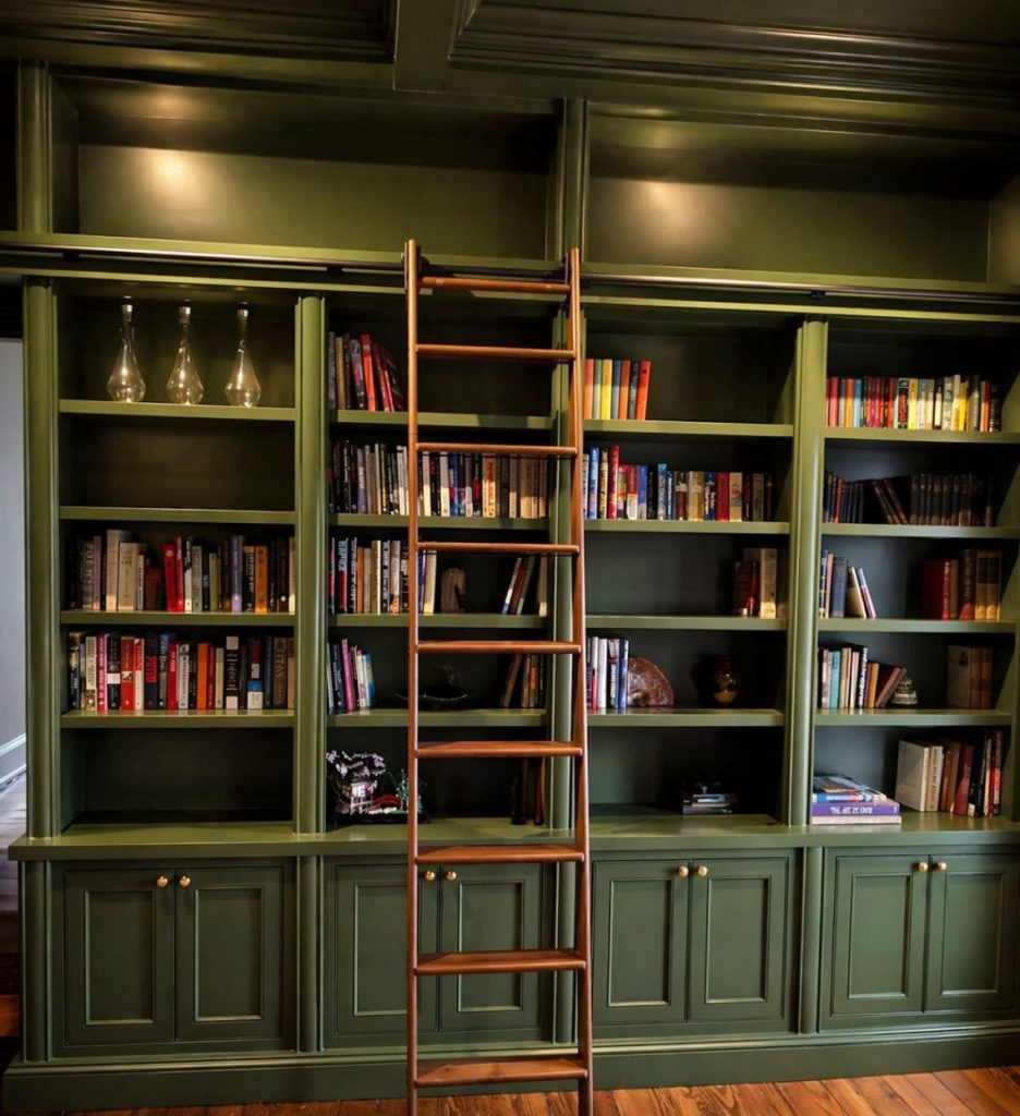 dark green custom open library shelves with books, wine glasses a brown ladder and custom cabinet doors at the bottm.