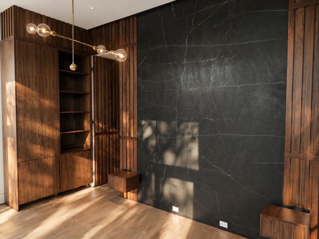 dark cabinet shelves and nooks with a black slate wall